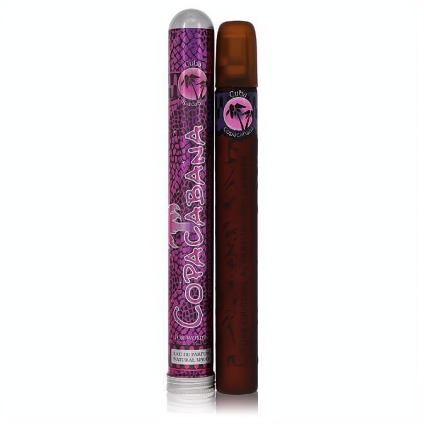 Cuba Copacabana 1.17 oz women's perfume: unique dark brown cigar-shaped bottle, vibrant purple textured tube with palm logo.