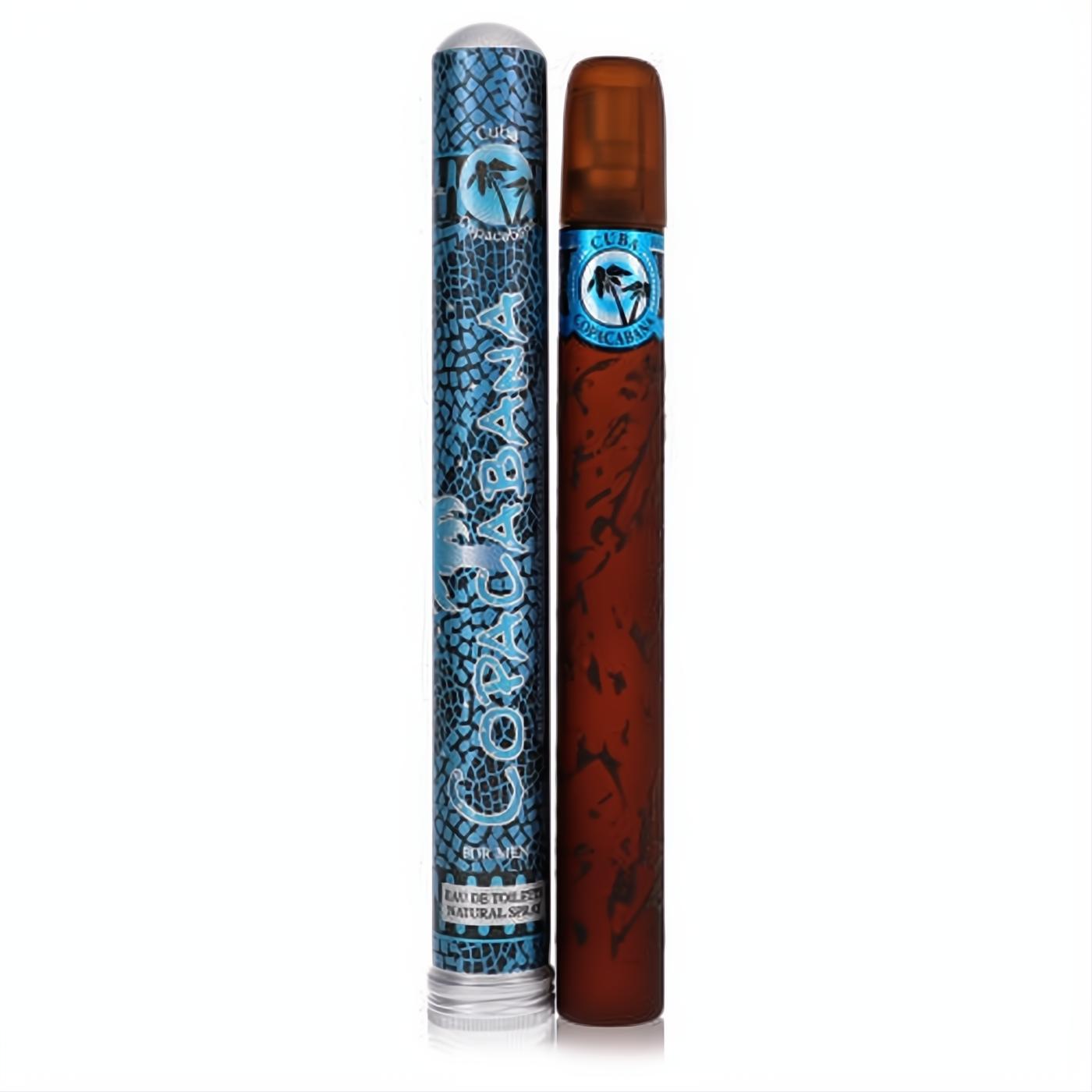 Cuba Copacabana men's EDT: unique brown cigar-style spray bottle and matching blue patterned tube.