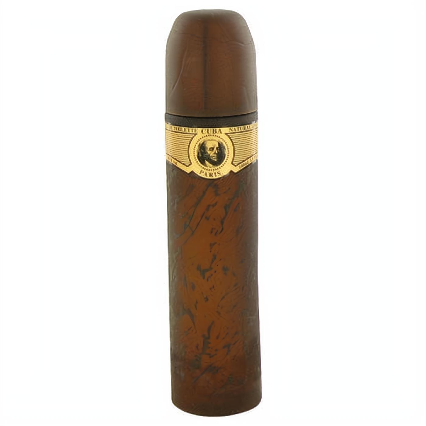 Distinctive Cuba Gold men's cologne in a dark brown cigar-shaped bottle with a luxurious gold label.