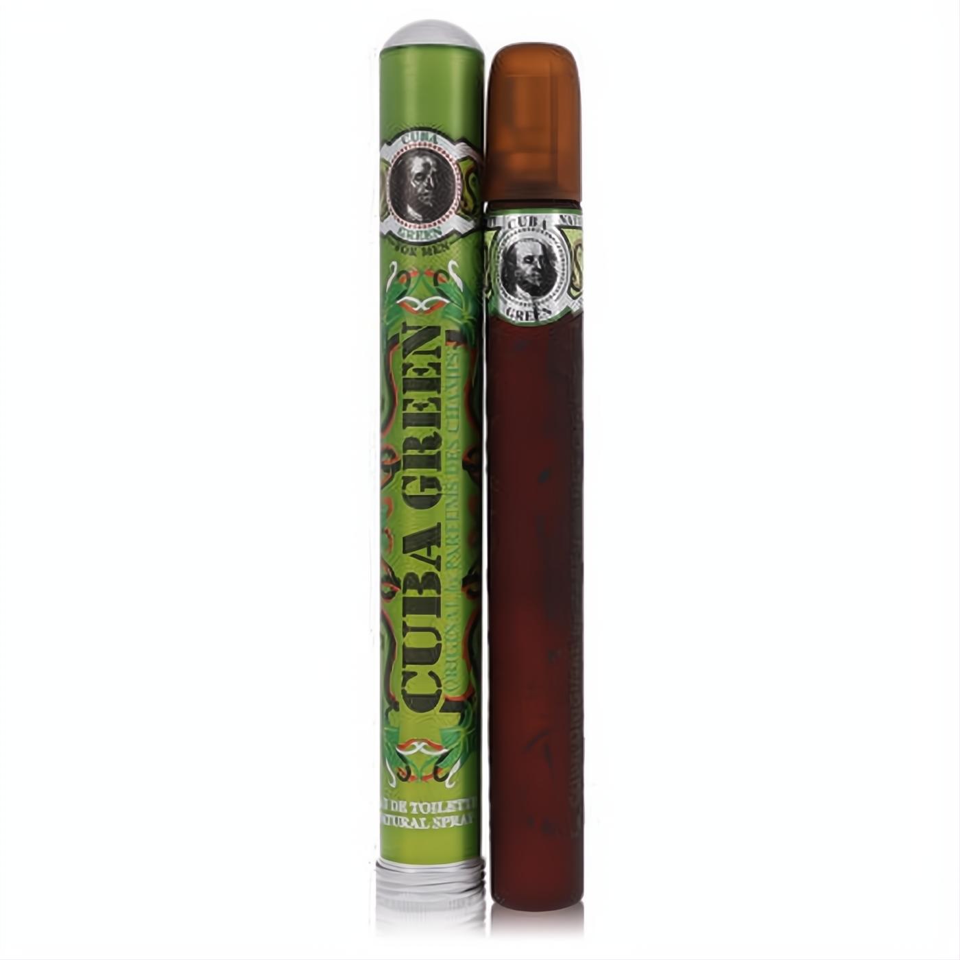 Cuba Green men's Eau de Toilette: a bold brown cigar-style bottle and its vibrant green cylindrical tin.