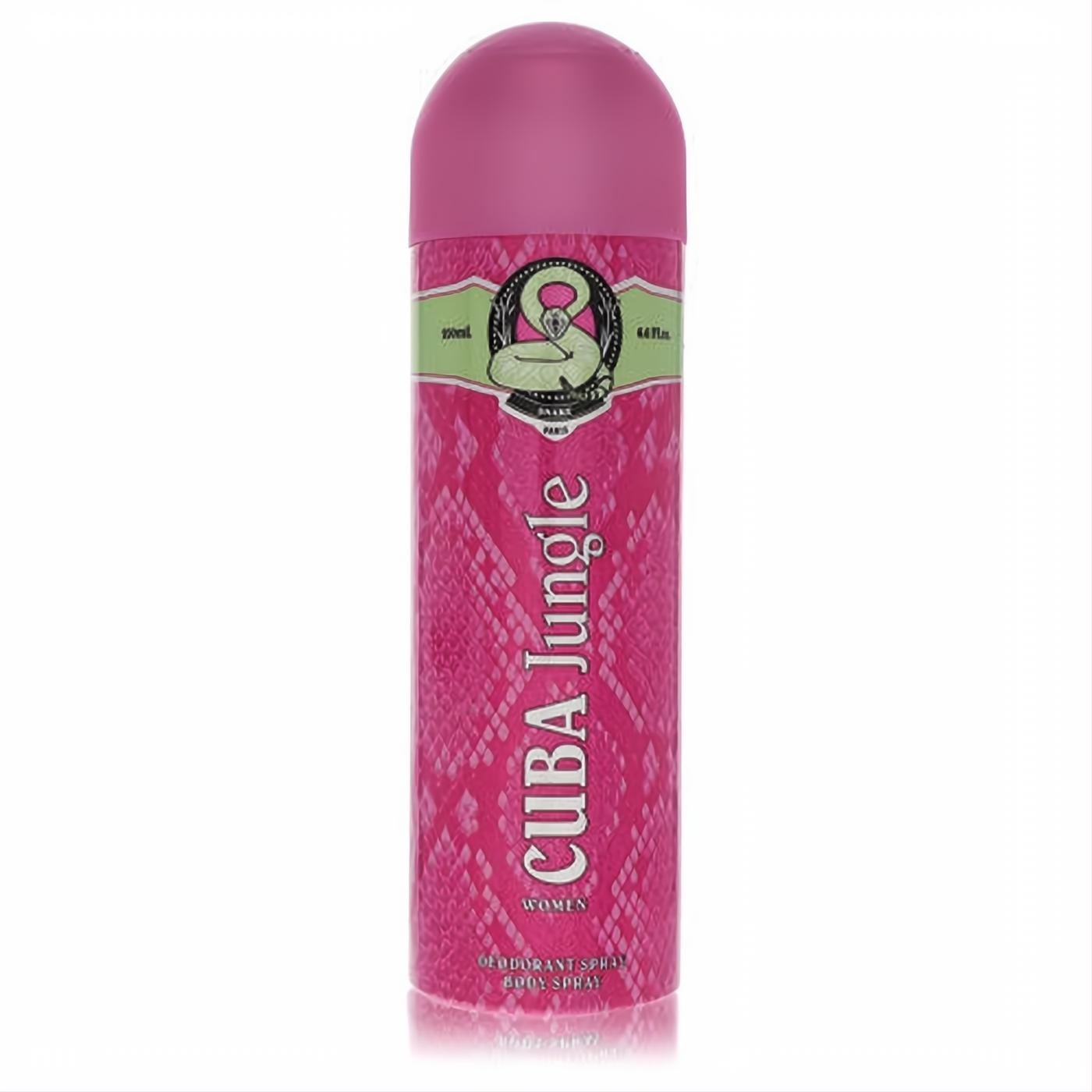 Vibrant pink Cuba Jungle Snake 6.7 oz body spray for women. Features a striking snakeskin pattern and sleek matching cap.