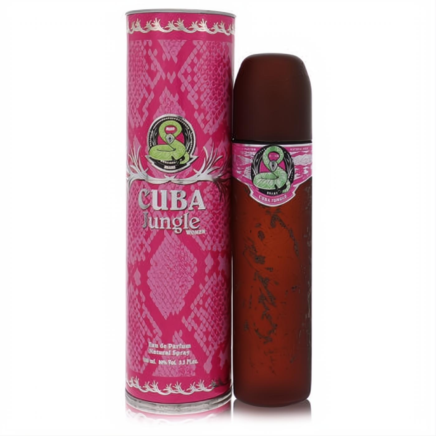 Exotic Cuba Jungle Snake 3.4 oz women's Eau De Parfum. Features a vibrant pink snakeskin box and a sleek brown spray bottle.
