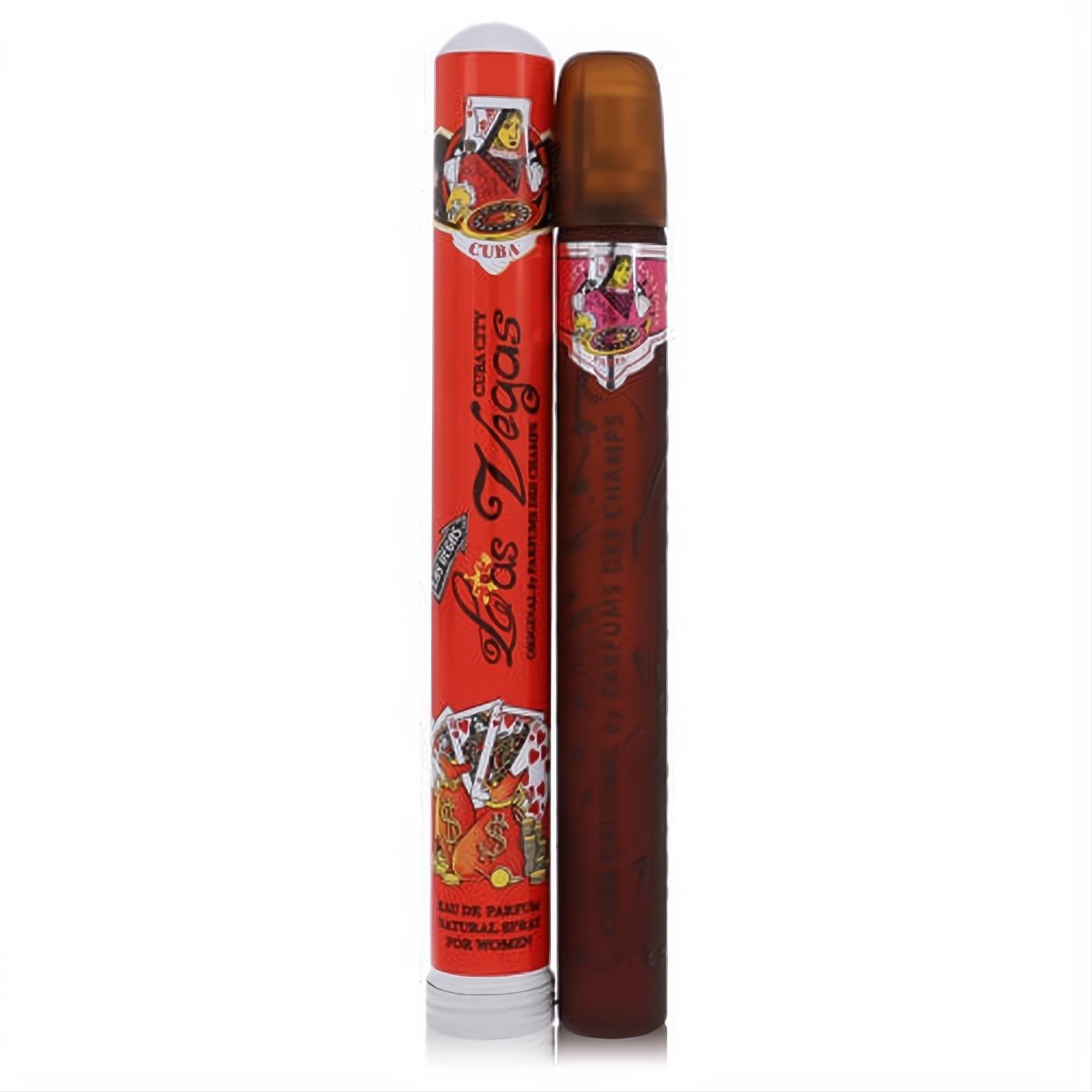 Cuba Las Vegas 1.17 oz women's Eau De Parfum. Vibrant red playing card tube and a sleek brown cigar-shaped spray bottle.