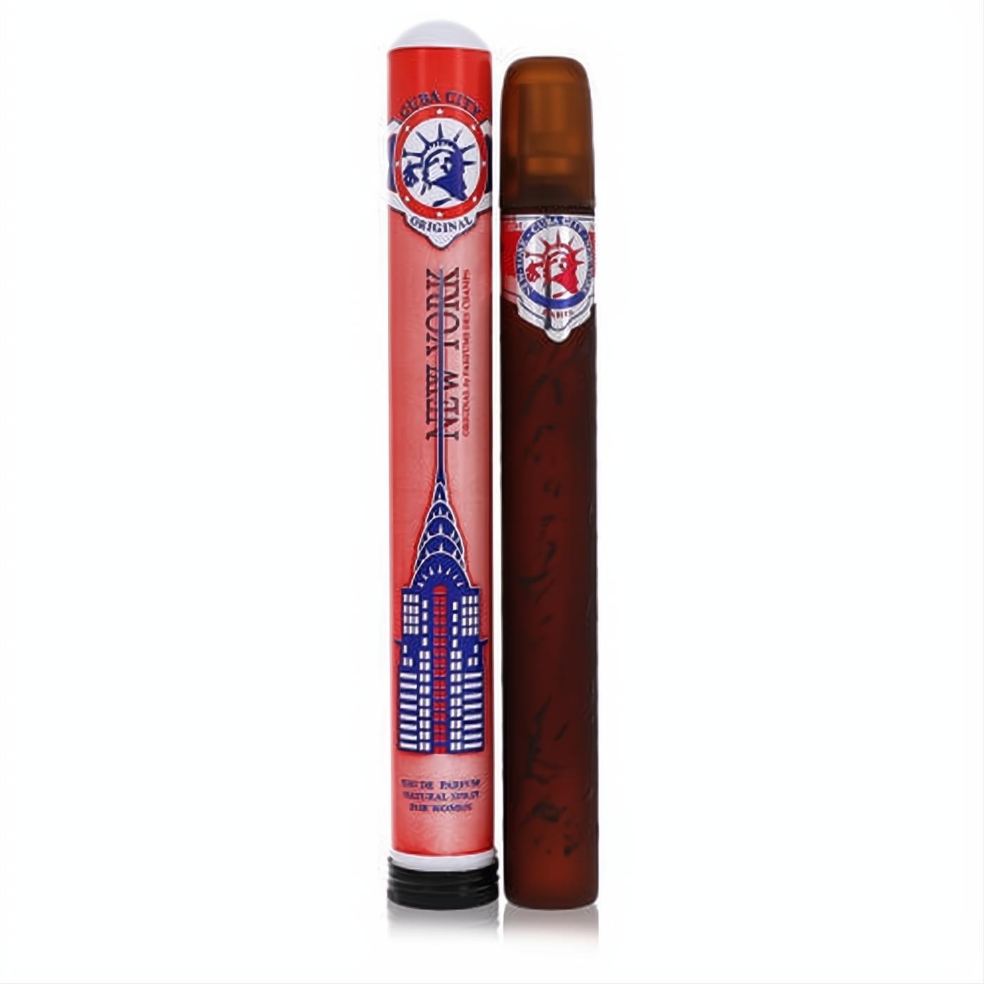 Distinctive Cuba New York 1.17 oz women's EDP. Brown cigar-shaped bottle and red box with Statue of Liberty & NYC skyscraper.
