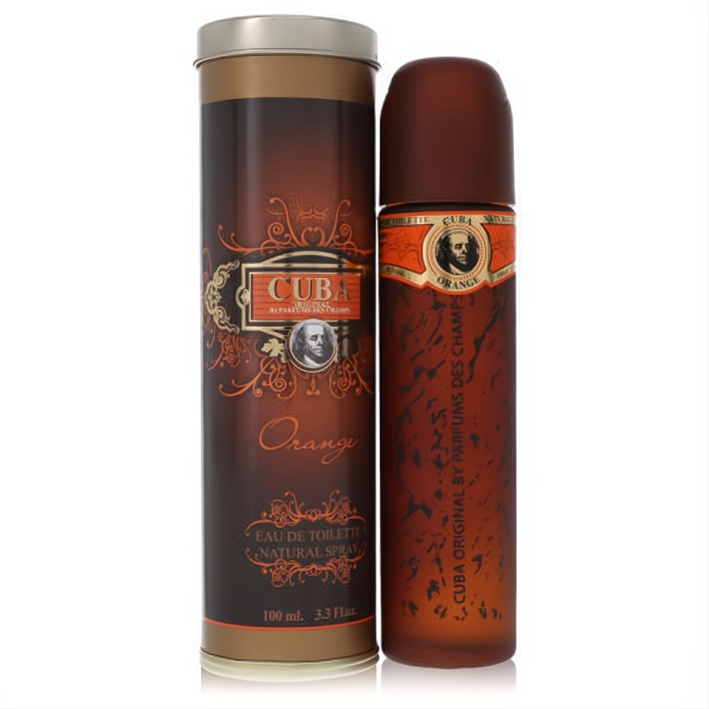 Cuba Orange by Fragluxe 3.4 oz Eau De Toilette spray for men. Bold brown bottle and ornate gold-accented tin.