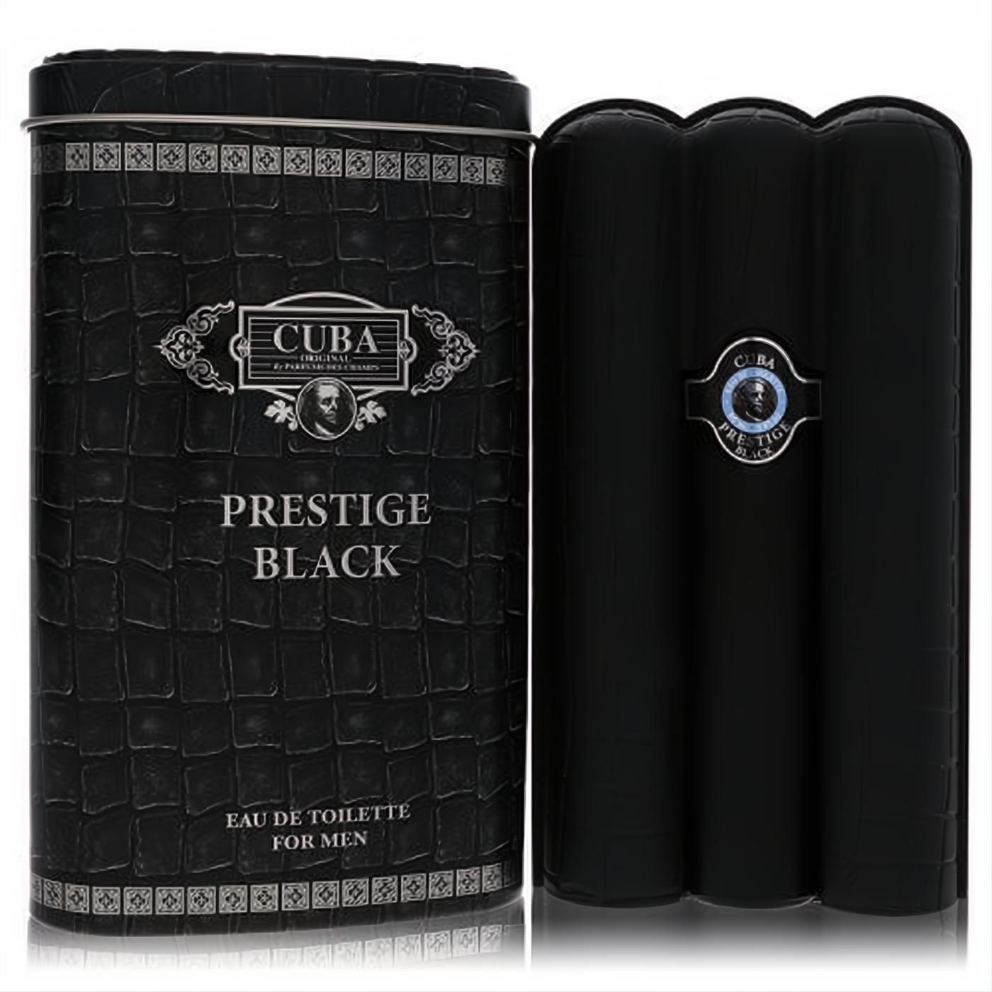 Cuba Prestige Black 3 oz men's Eau De Toilette: sleek black crocodile-textured tin and unique cigar-shaped bottle.