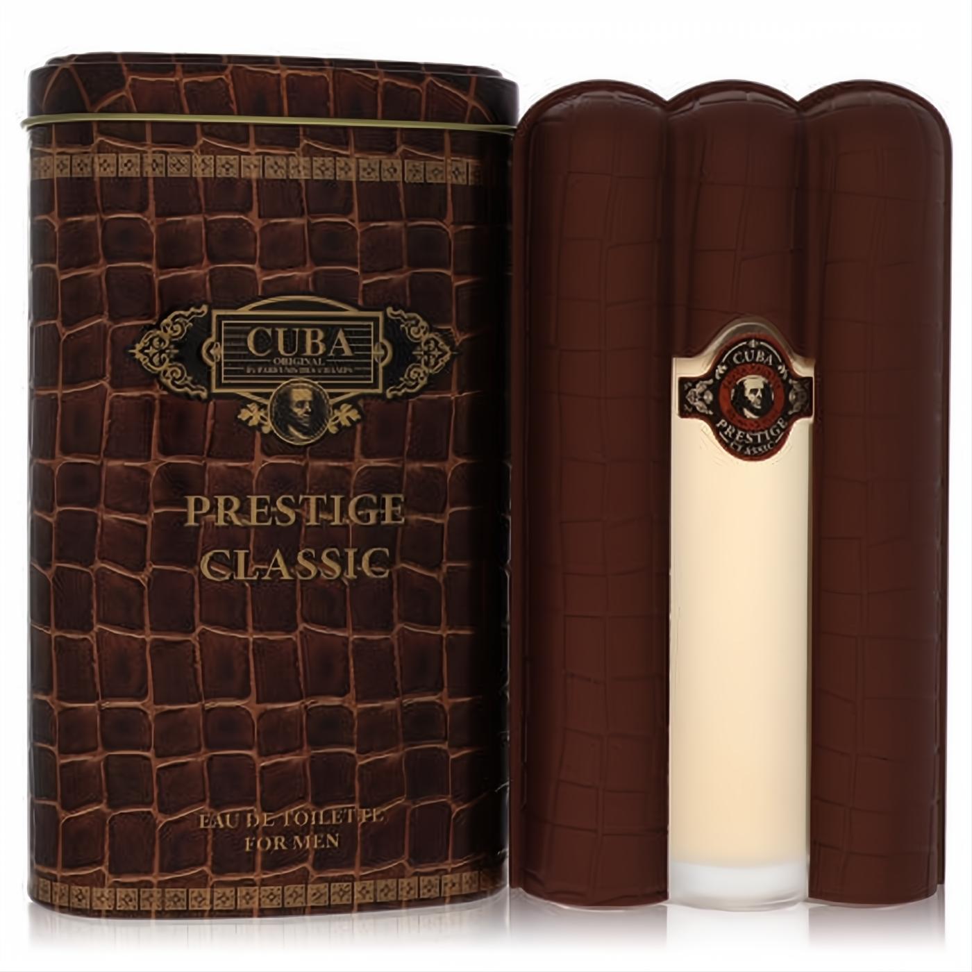 Elevate your style with Cuba Prestige Classic men's Eau De Toilette. Brown croc-textured tin and distinctive cigar-shaped bottle.