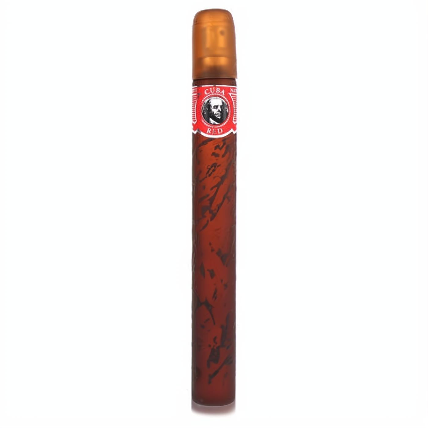 Bold Cuba Red men's fragrance in a unique dark red cigar-style bottle with a gold cap and iconic red label.