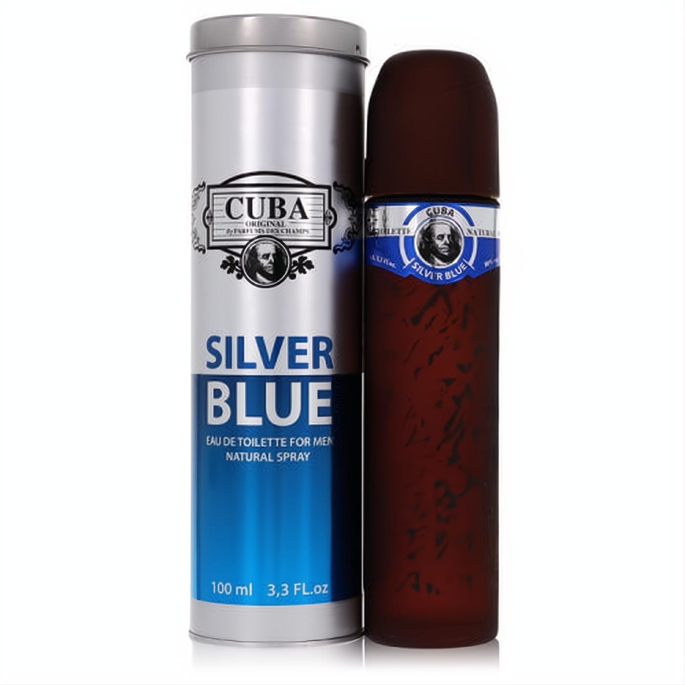 Cuba Silver Blue 3.3 oz men's EDT spray. Bold dark brown cigar bottle with silver label, packaged in a sleek silver tin.