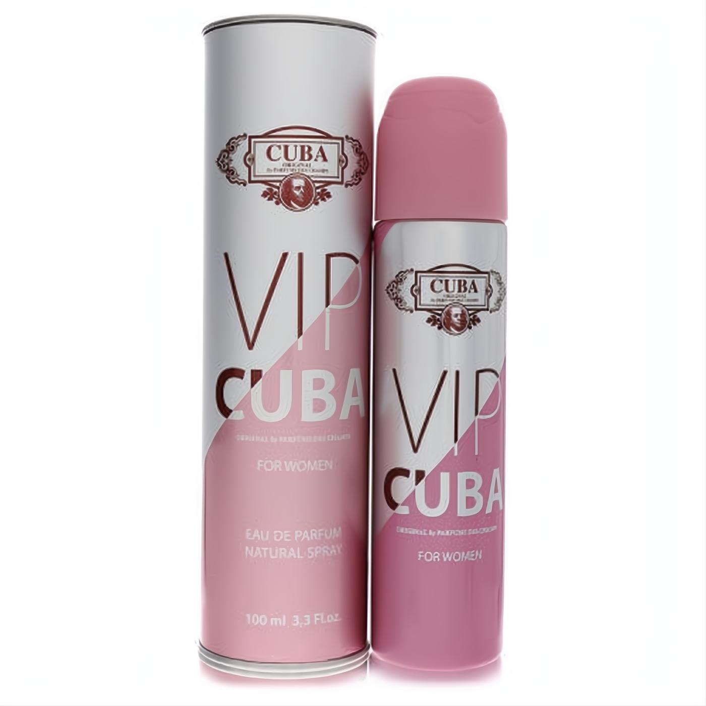 Elegant Cuba VIP 3.3 oz women's Eau De Parfum spray in a sleek silver bottle with a pink cap and matching white box.