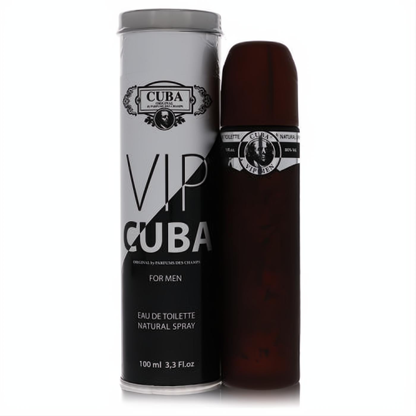Elevate your style with Cuba VIP men's 3.4 oz Eau de Toilette, featuring a unique dark brown cigar bottle and sleek tin.