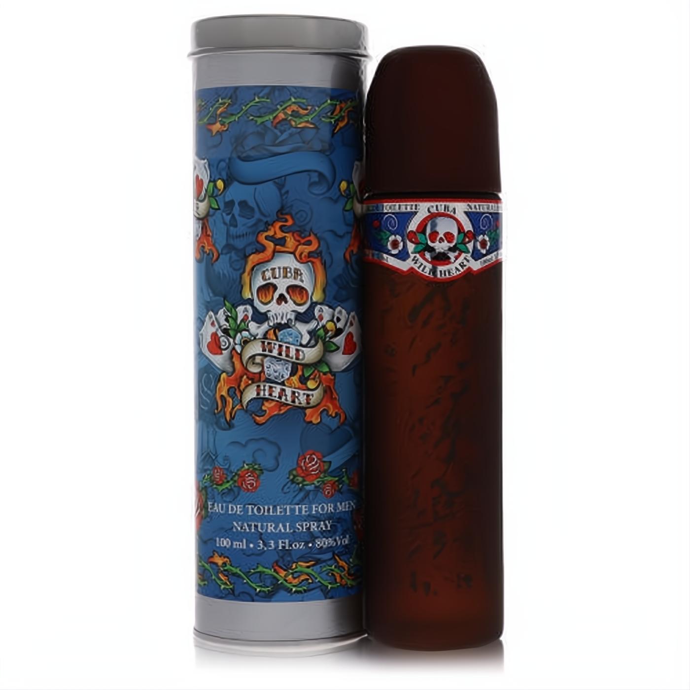 Cuba Wild Heart men's Eau De Toilette, 3.4 oz. Distinctive dark brown bottle and a vibrant blue can with edgy skull and rose tattoo art.