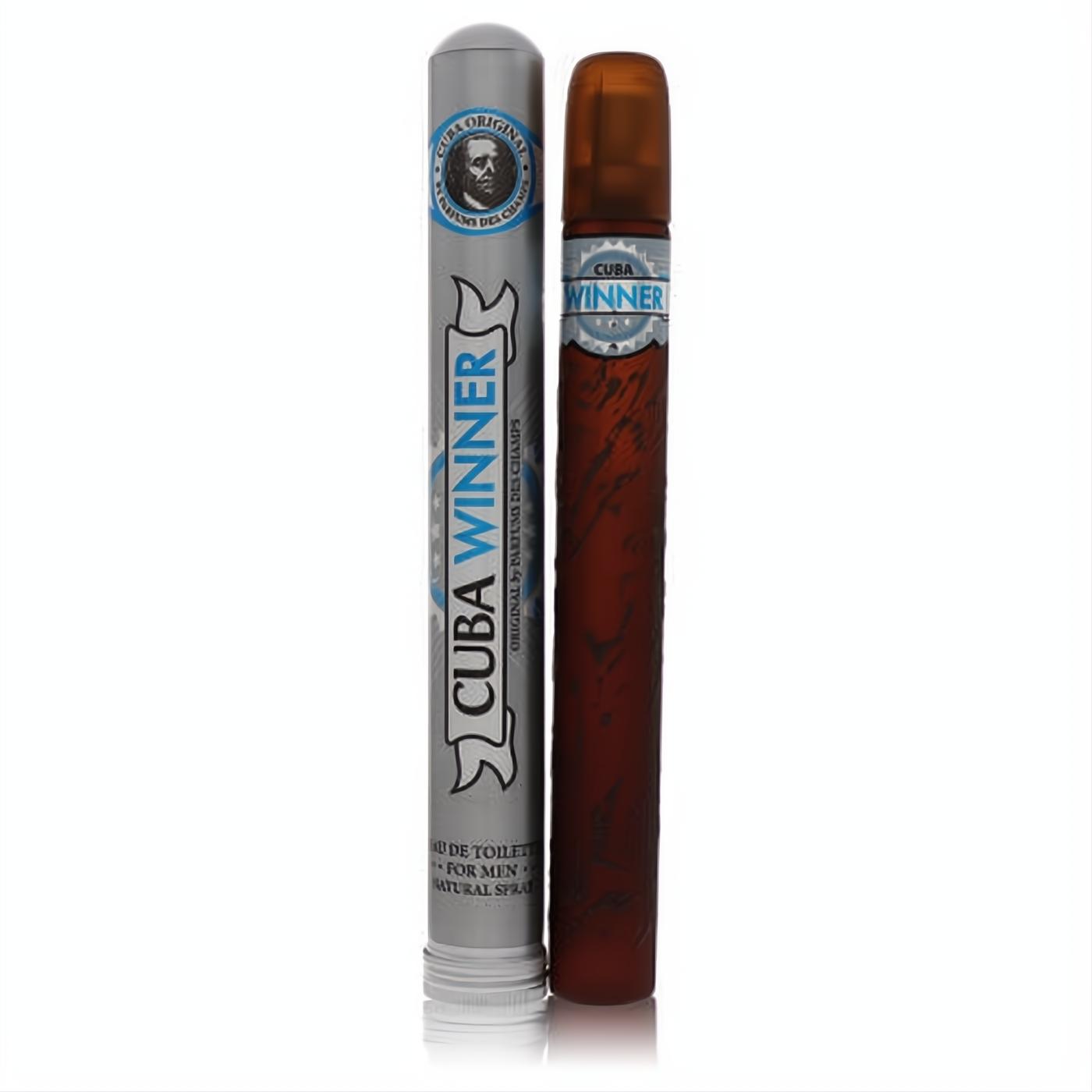 Bold Cuba Winner men's Eau De Toilette spray: dark brown cigar-shaped bottle with silver label, in a sleek silver tube.