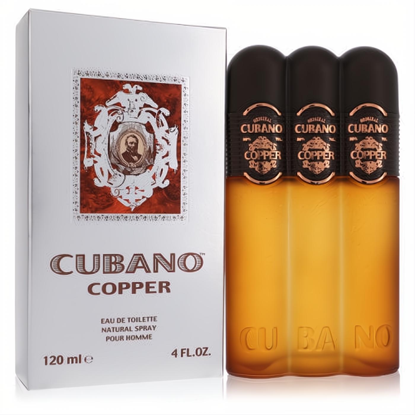 Cubano Copper 4 oz EDT spray for men. Distinctive amber cigar-bundle bottle with black caps and elegant silver box.