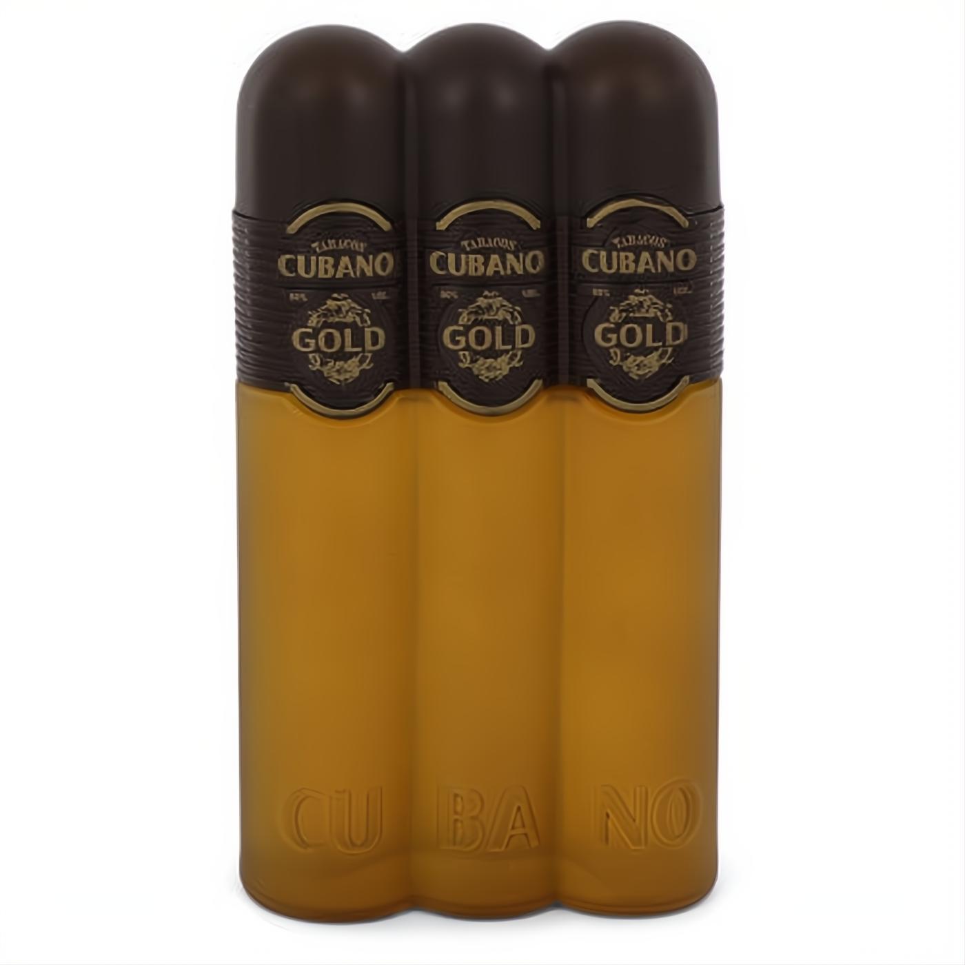 Cubano Gold 4 oz men's fragrance bottle, featuring a bold triple-barrel design with dark brown caps and a rich matte gold body.