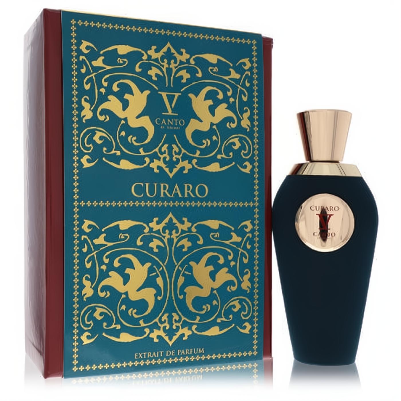 Exquisite V Canto Curaro V 3.38 oz unisex extrait de parfum. Dark teal bottle with elegant gold cap and ornate gold-filigree box.