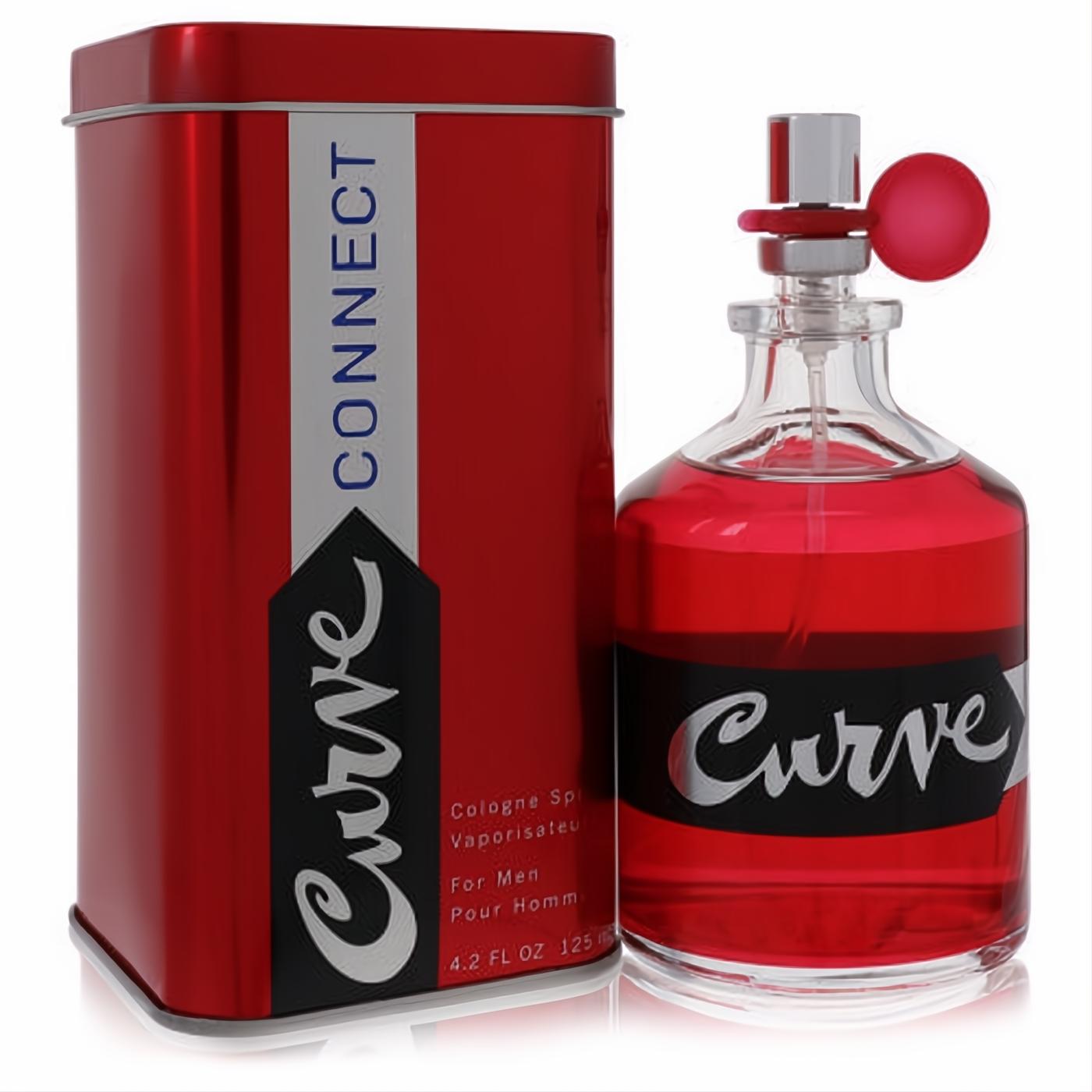 Curve Connect men's cologne: 4.2 oz vibrant red liquid in a sleek clear glass bottle, with a matching metallic red tin.