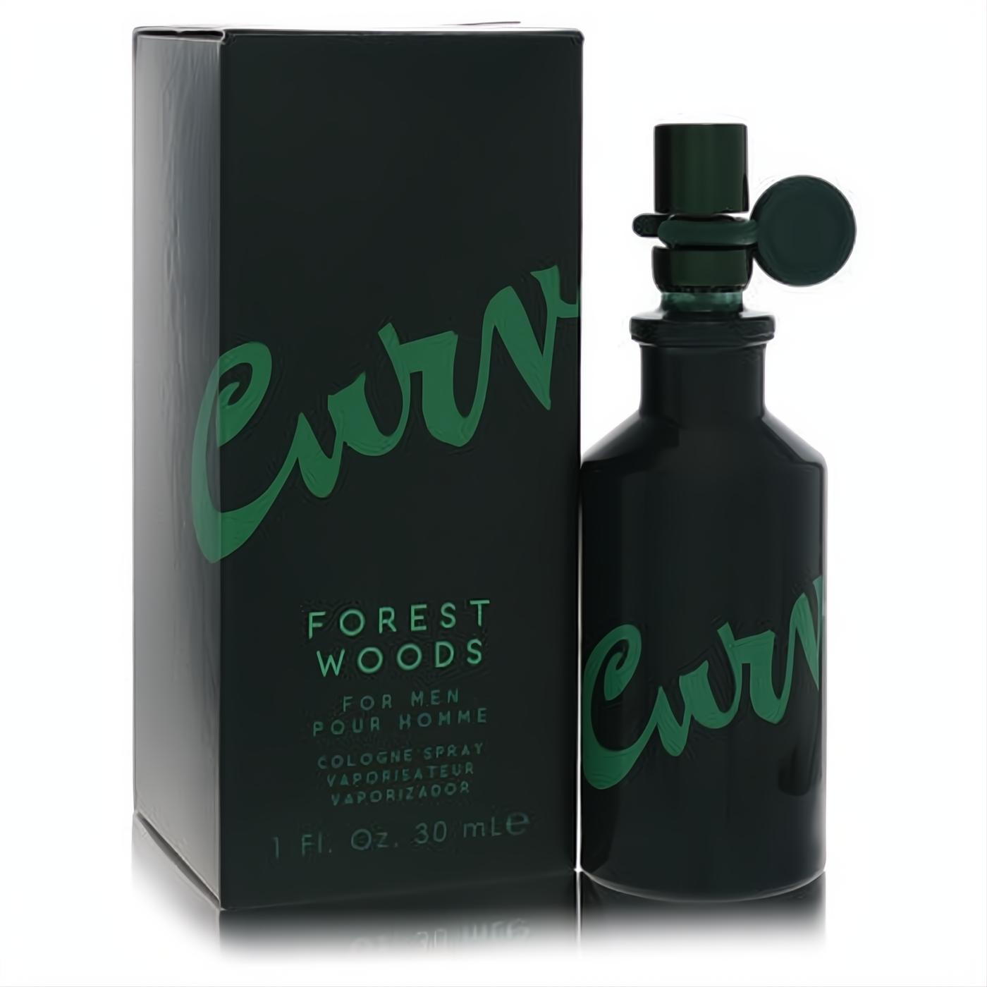 Curve Forest Woods 1 oz men's cologne in a sleek dark green glass bottle with unique sprayer and matching box.