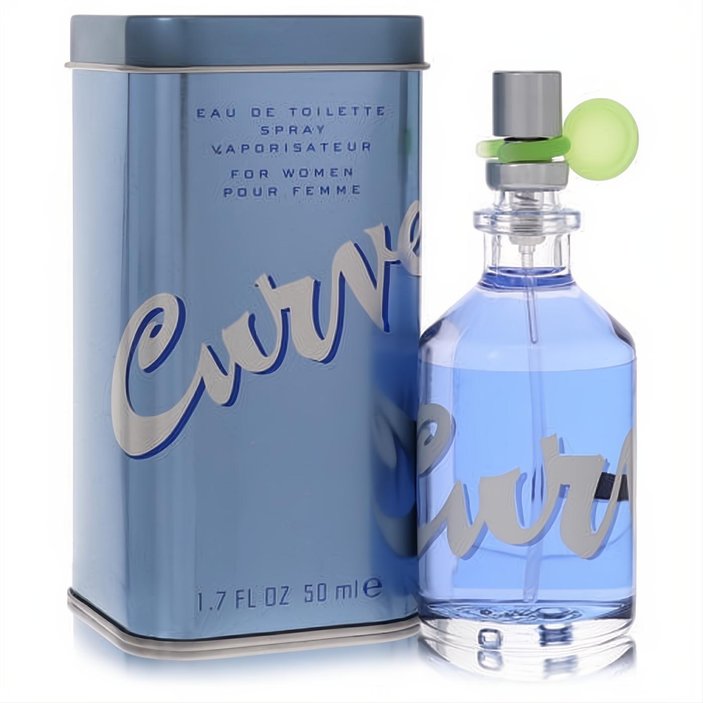 Curve by Liz Claiborne 1.7 oz EDT, a clear glass bottle with vibrant blue liquid and green accent, beside its sleek metallic blue tin.