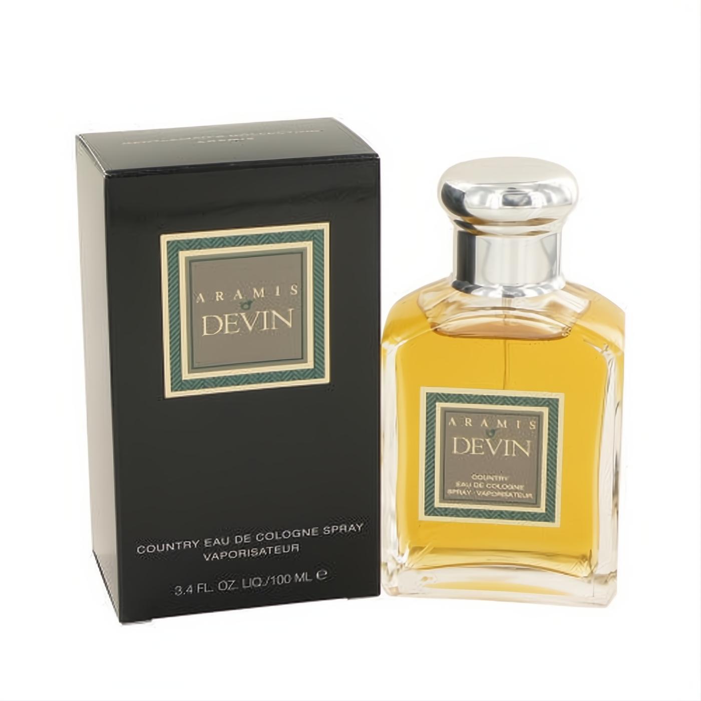Experience Aramis Devin Country 3.4 oz cologne. Classic clear glass bottle with golden liquid, sleek silver cap, and elegant black box.