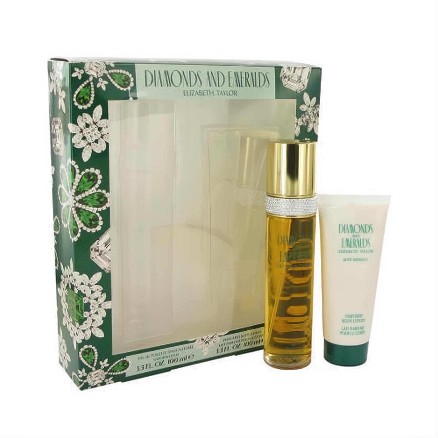 Elizabeth Taylor Diamonds & Emeralds 3.3oz EDT & lotion gift set. Green jewel box, gold perfume spray, cream body lotion.