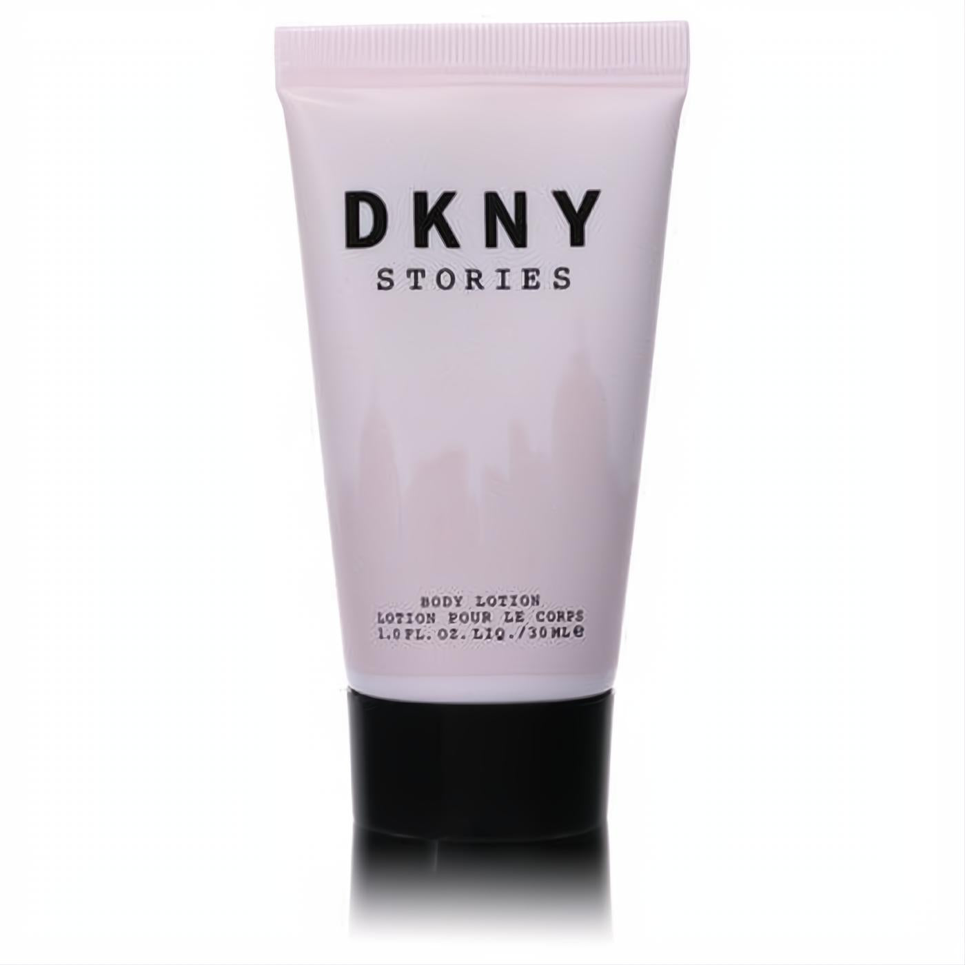 DKNY Stories 1.0 oz body lotion. Chic light pink squeeze tube with bold black text, perfect for modern women.