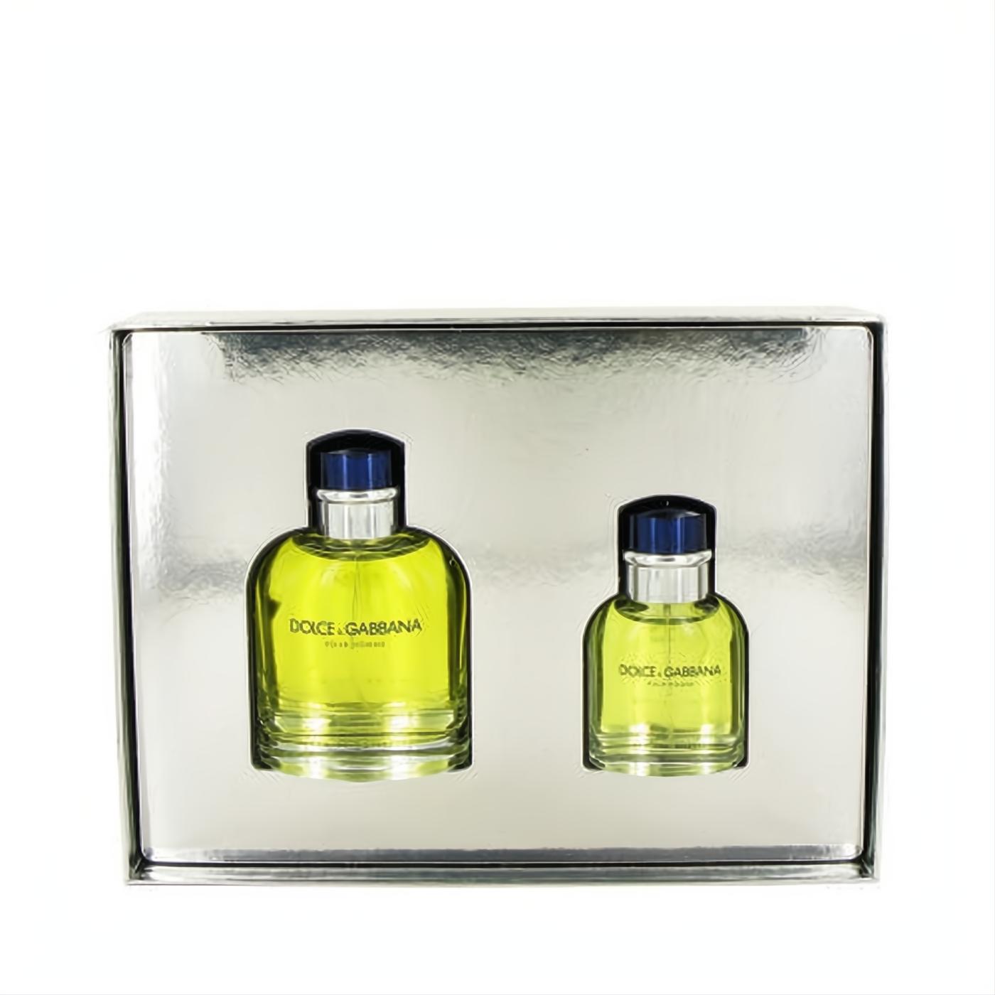 Dolce & Gabbana Pour Homme EDT gift set: 4.2 oz & 1.3 oz yellow fragrance bottles with blue caps in a sleek silver box.