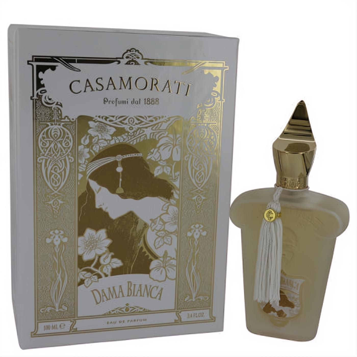 Exquisite Dama Bianca Xerjoff 3.4 oz women's Eau De Parfum. Frosted bottle, gold cap, white tassel, and ornate white & gold Casamorati box.