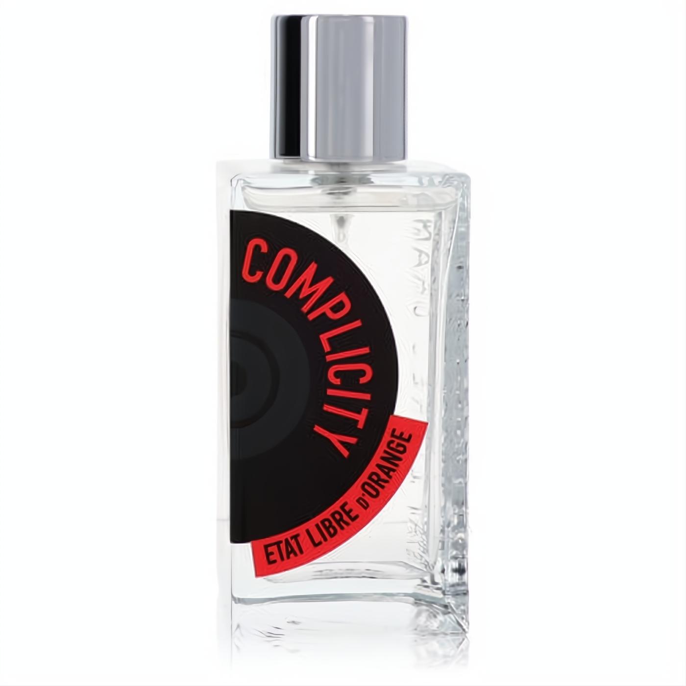 Dangerous Complicity EDP spray: elegant clear glass bottle, shiny silver cap, and iconic black record label with red text.