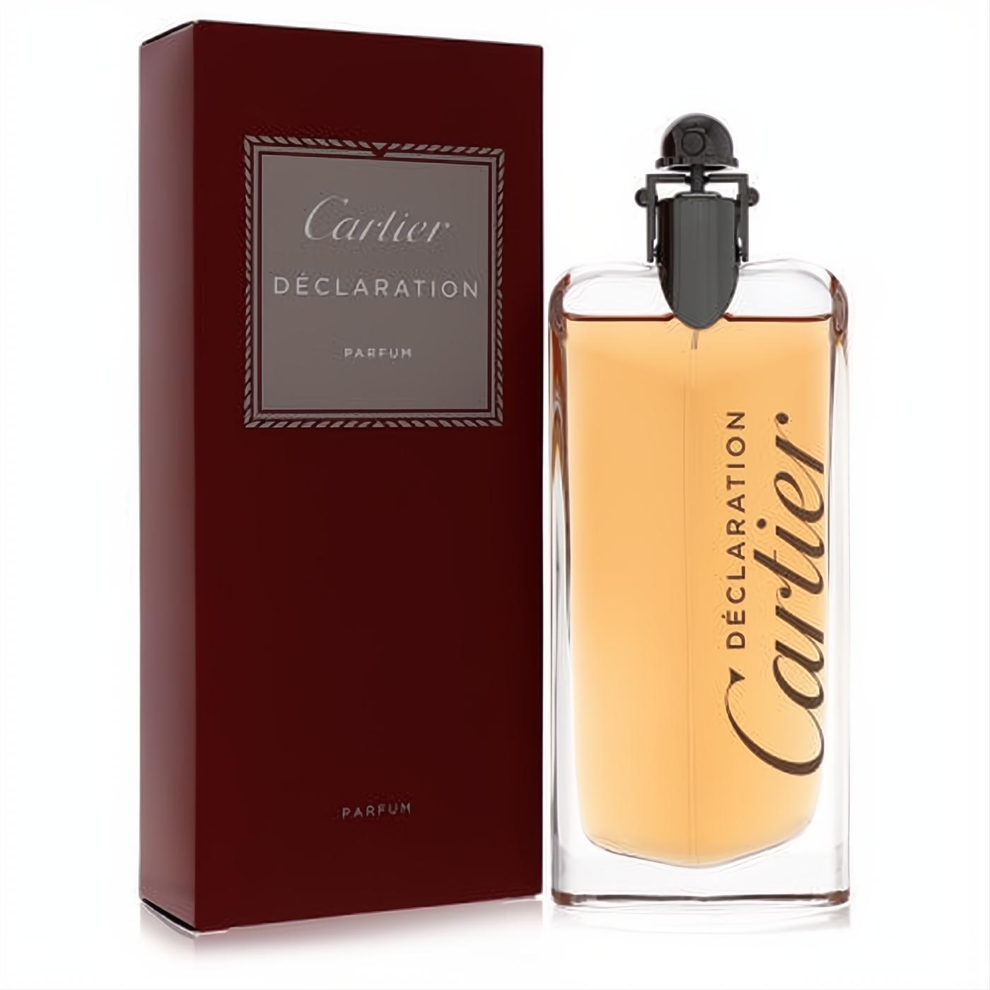 Sophisticated Cartier Declaration Parfum spray. Clear glass bottle with amber liquid, unique dark cap, and elegant deep red branded box.