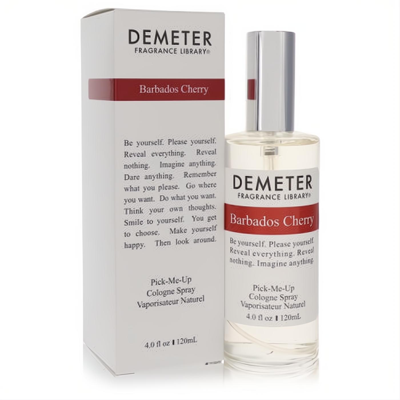 Vibrant Demeter Barbados Cherry 4 oz cologne spray in a sleek clear glass bottle with a silver cap, displayed with its elegant white and red box.