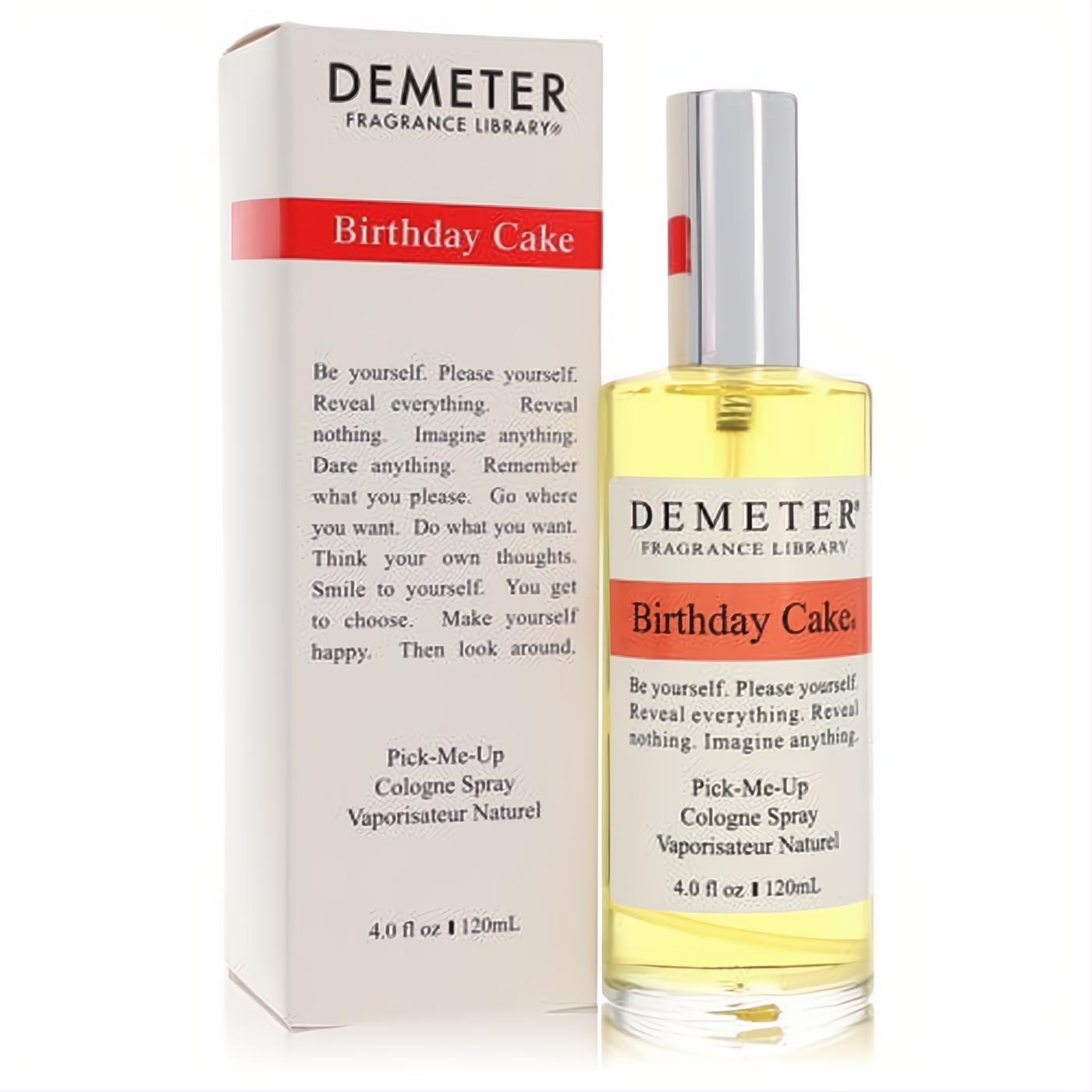 Demeter Birthday Cake 4 oz cologne spray: clear glass bottle with yellow liquid, silver cap, and white packaging box.