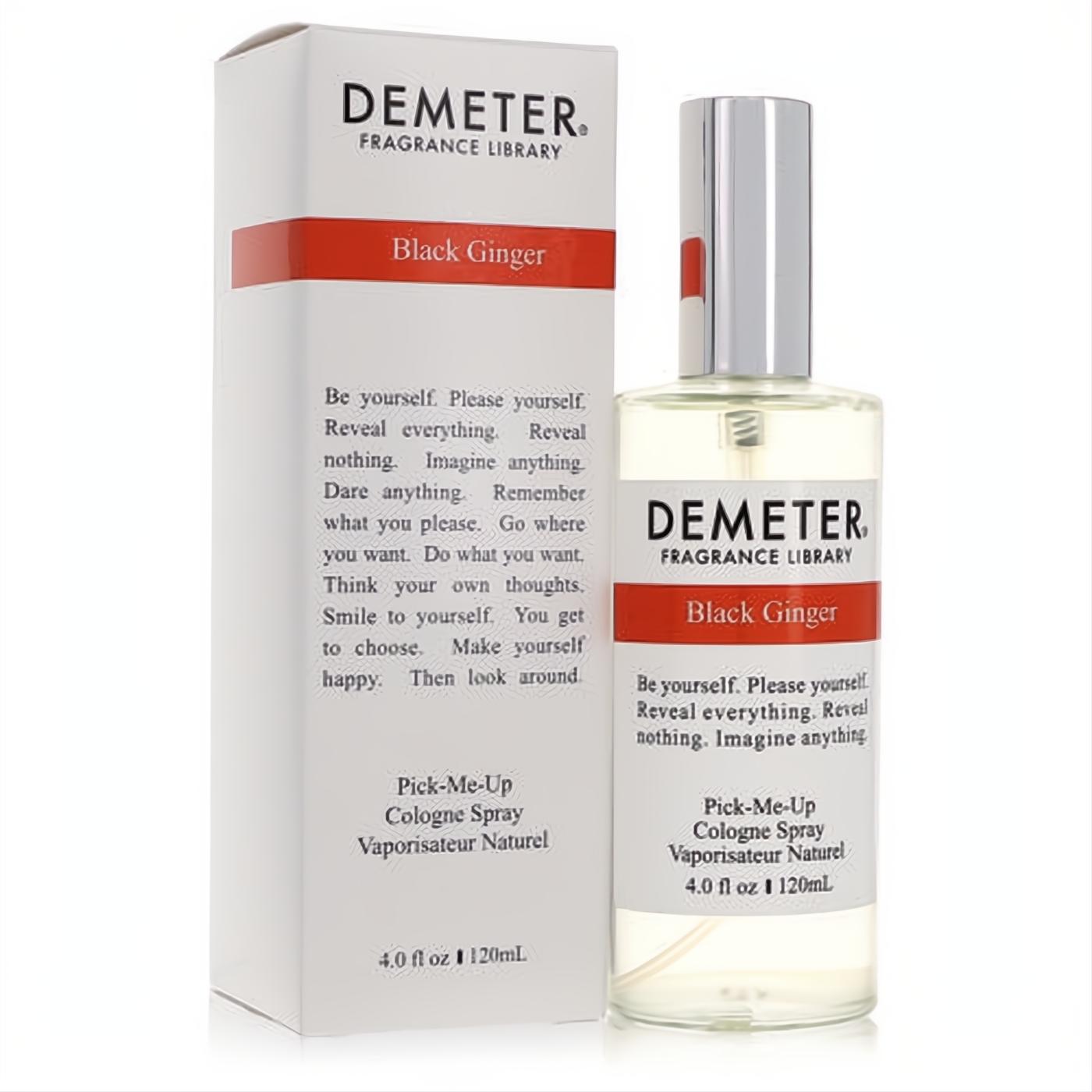 Demeter Black Ginger 4 oz cologne spray. Clear glass bottle, silver cap, and elegant white box. Energizing, spicy scent.