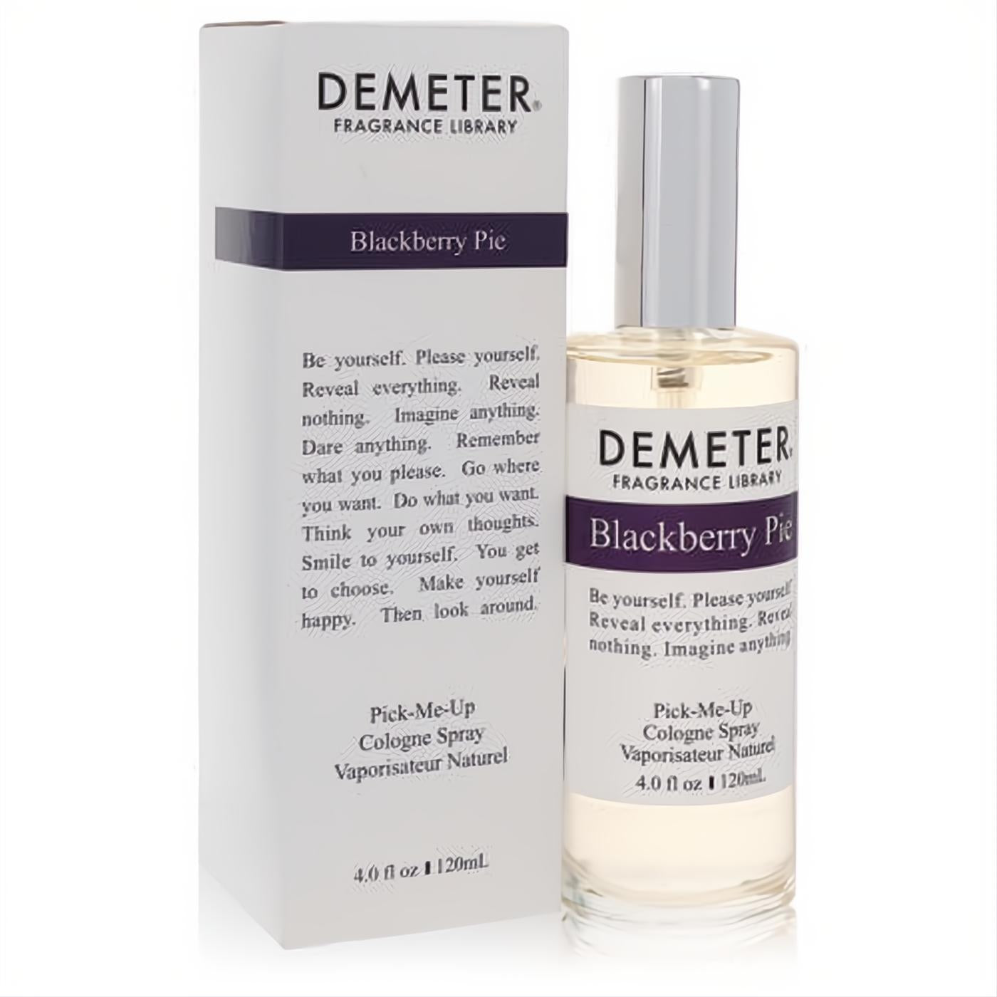 Indulge in Demeter Blackberry Pie 4 oz cologne spray. Clear glass bottle with silver cap and elegant white box featuring a purple label.