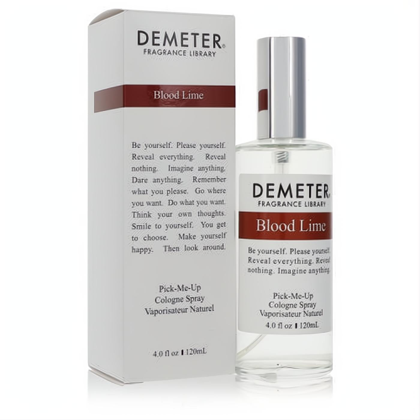 Demeter Blood Lime 4 oz unisex cologne spray in a clear glass bottle with a sleek white box and bold reddish-brown label.