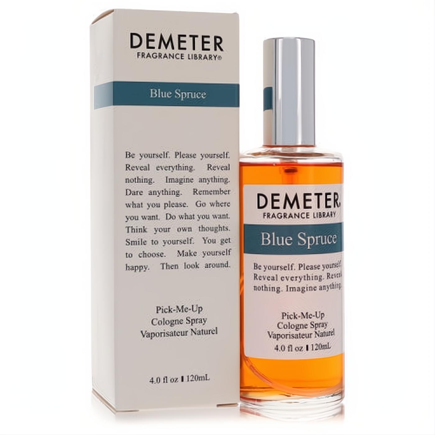 Invigorating Demeter Blue Spruce 4 oz cologne spray: clear bottle, warm orange liquid, sleek silver cap, white box.
