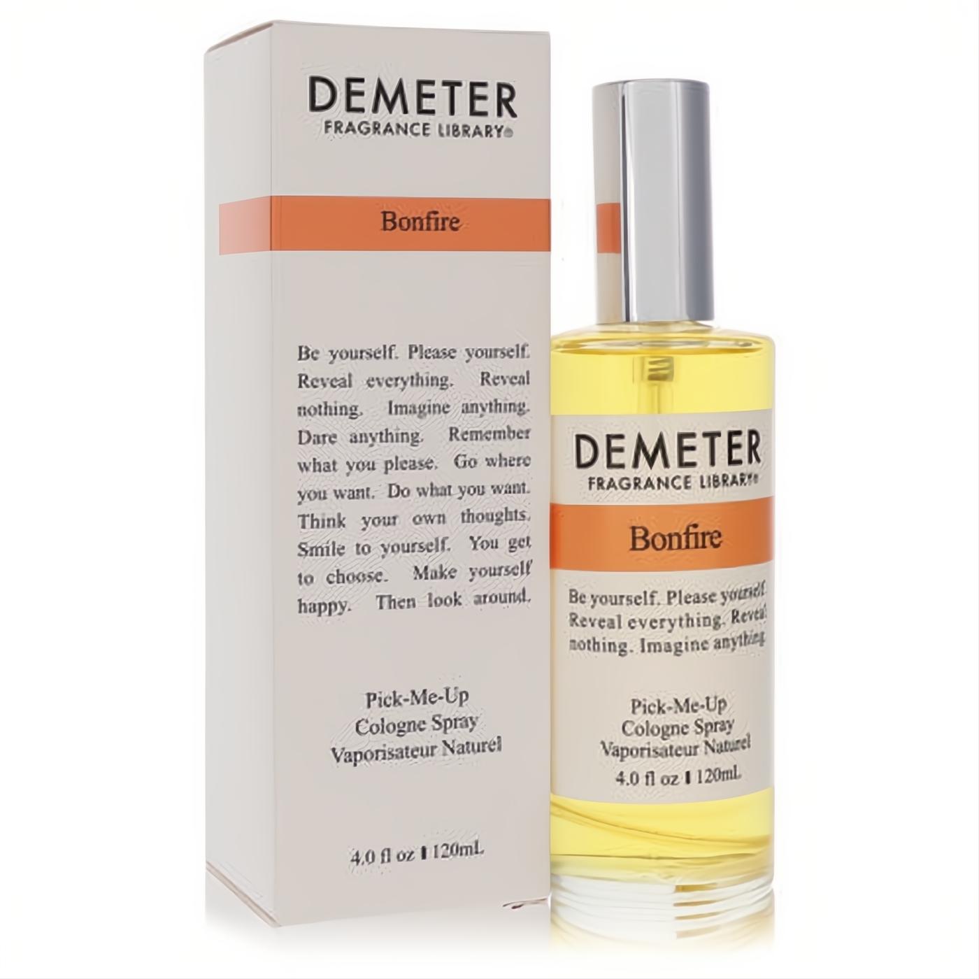 Demeter Bonfire 4 oz cologne spray in a clear glass bottle with orange label and silver cap, presented with its crisp white box.