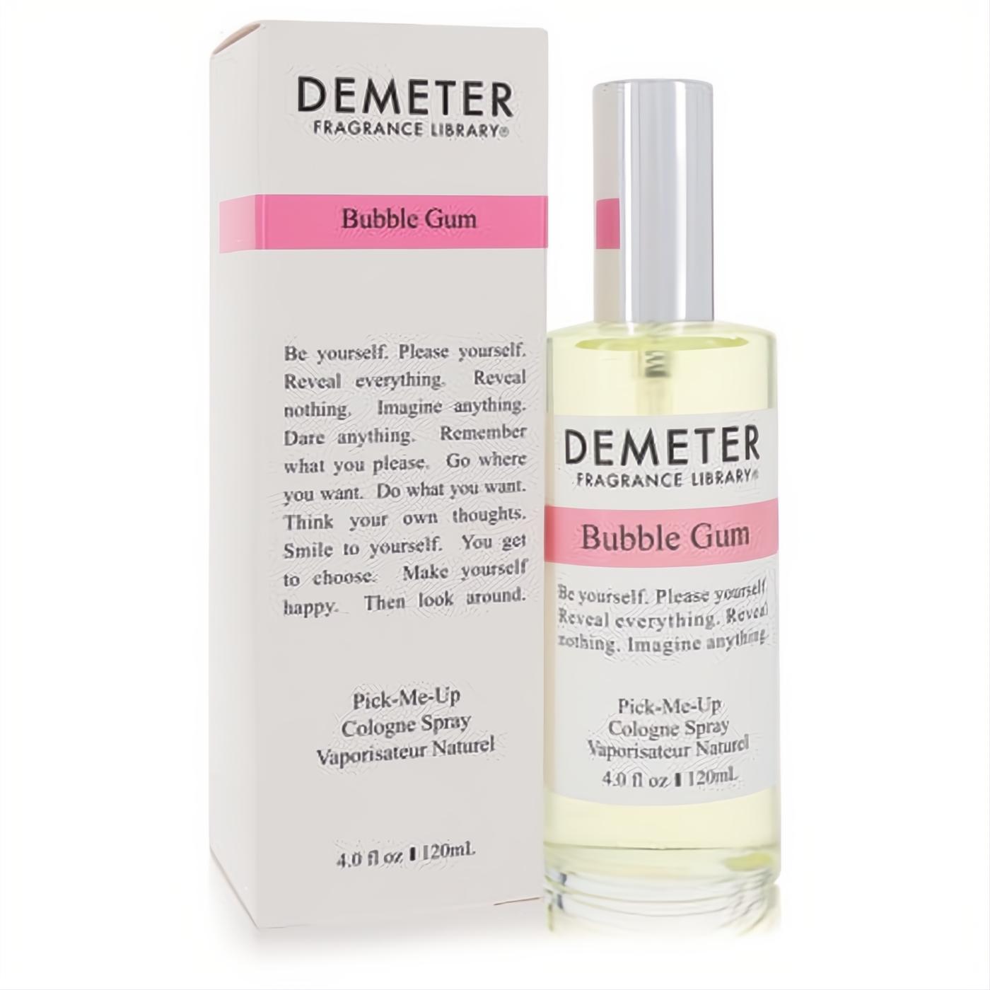 Vibrant Demeter Bubble Gum 4 oz cologne spray, clear glass bottle with silver cap, next to its stylish white and pink box.