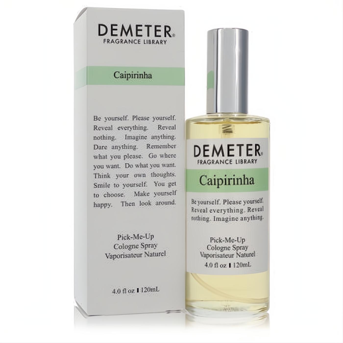 Demeter Caipirinha 4 oz unisex cologne spray: clear glass bottle with yellow liquid, silver cap, and white box with green accents.