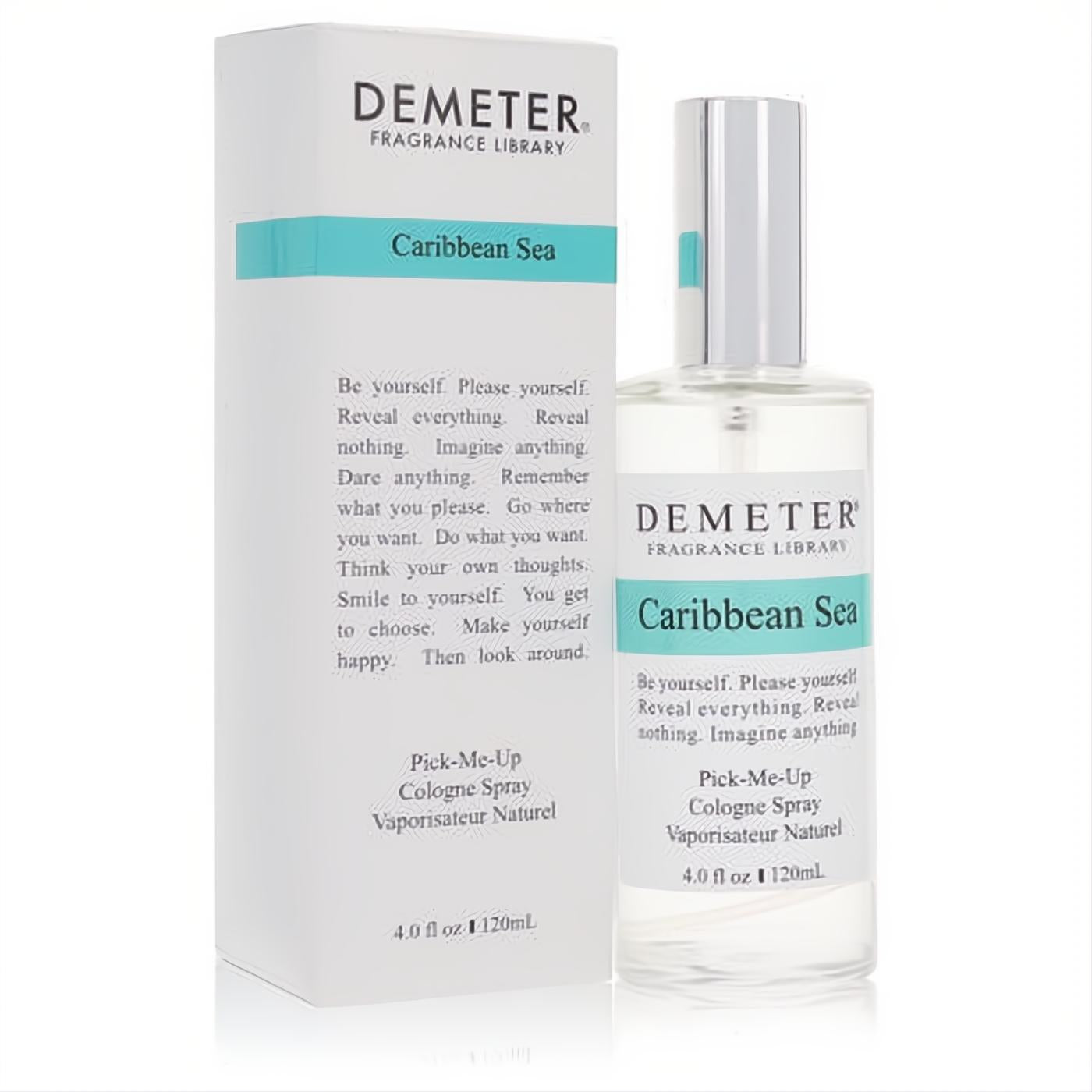 Demeter Caribbean Sea 4 oz cologne spray: clear glass bottle, elegant silver cap, and matching white box with serene blue accents.