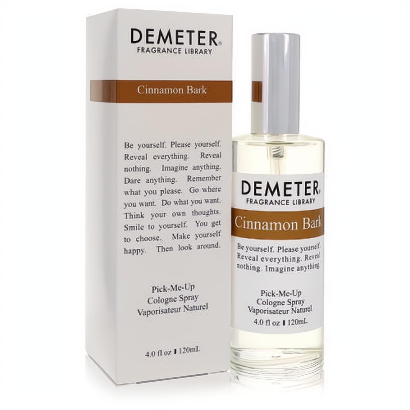 Demeter Cinnamon Bark 4 oz cologne spray in a clear glass bottle with silver cap and elegant white box featuring brown labels.