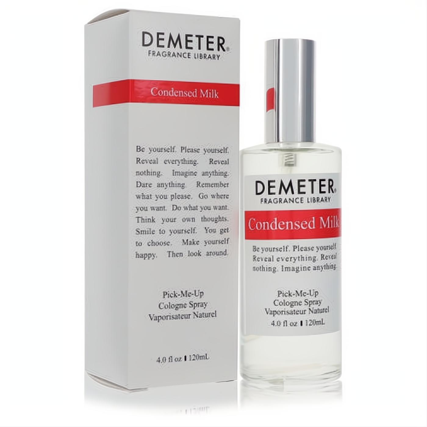 Sweet Demeter Condensed Milk 4 oz unisex cologne spray. Clear glass bottle, sleek silver cap, and white box with vibrant red branding.