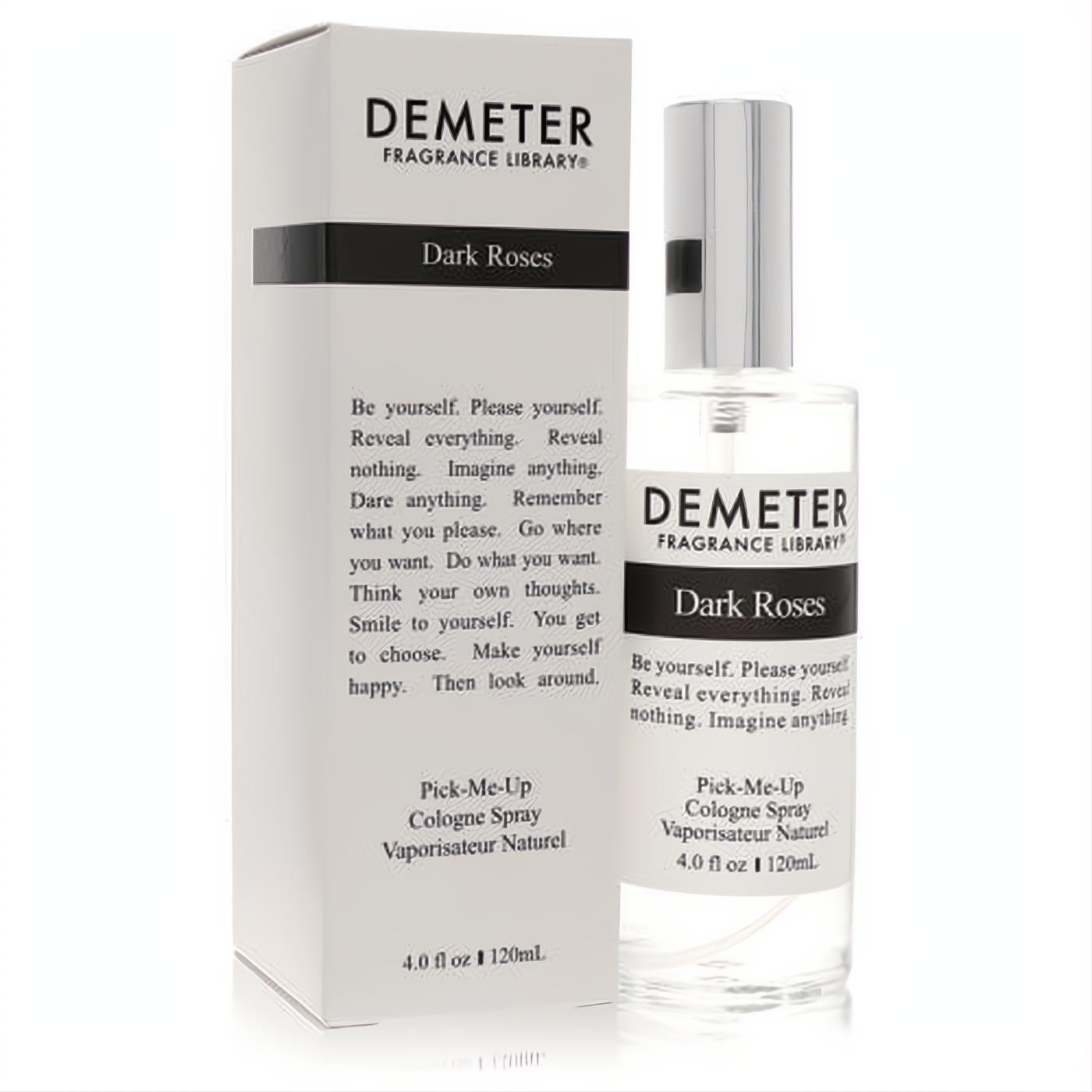 Demeter Dark Roses 4 oz cologne spray, a clear glass fragrance bottle with a sleek silver cap and elegant white box.