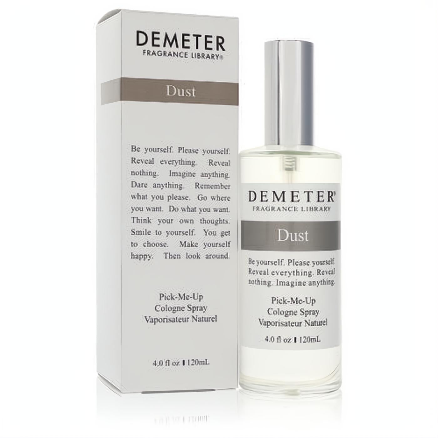 Demeter Dust 4 oz unisex cologne spray. Clear glass bottle, silver cap, and crisp white box with brown accent.