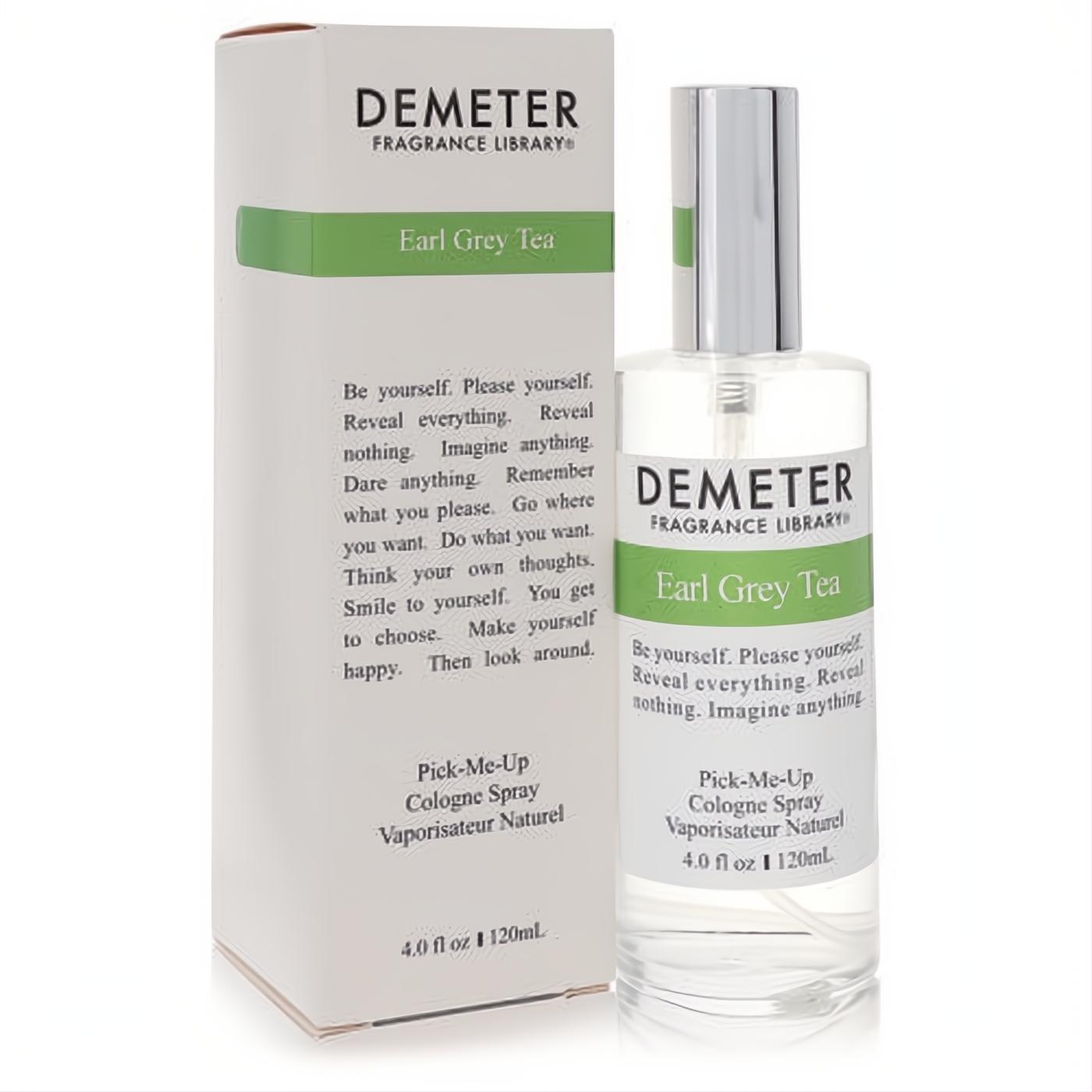 Demeter Earl Grey Tea 4 oz cologne spray: clear bottle, silver cap, elegant white box with green label. Discover your new favorite fragrance.