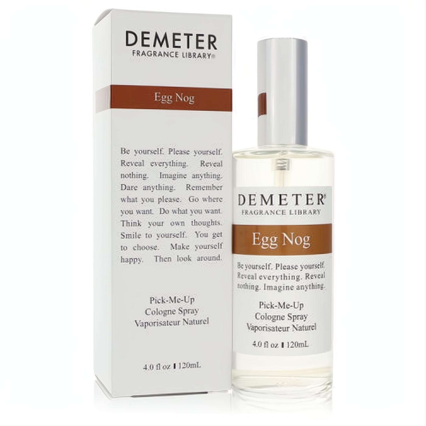 Demeter Egg Nog 4 oz unisex cologne spray. Clear glass bottle with silver cap, white label, and warm brown 'Egg Nog' band.
