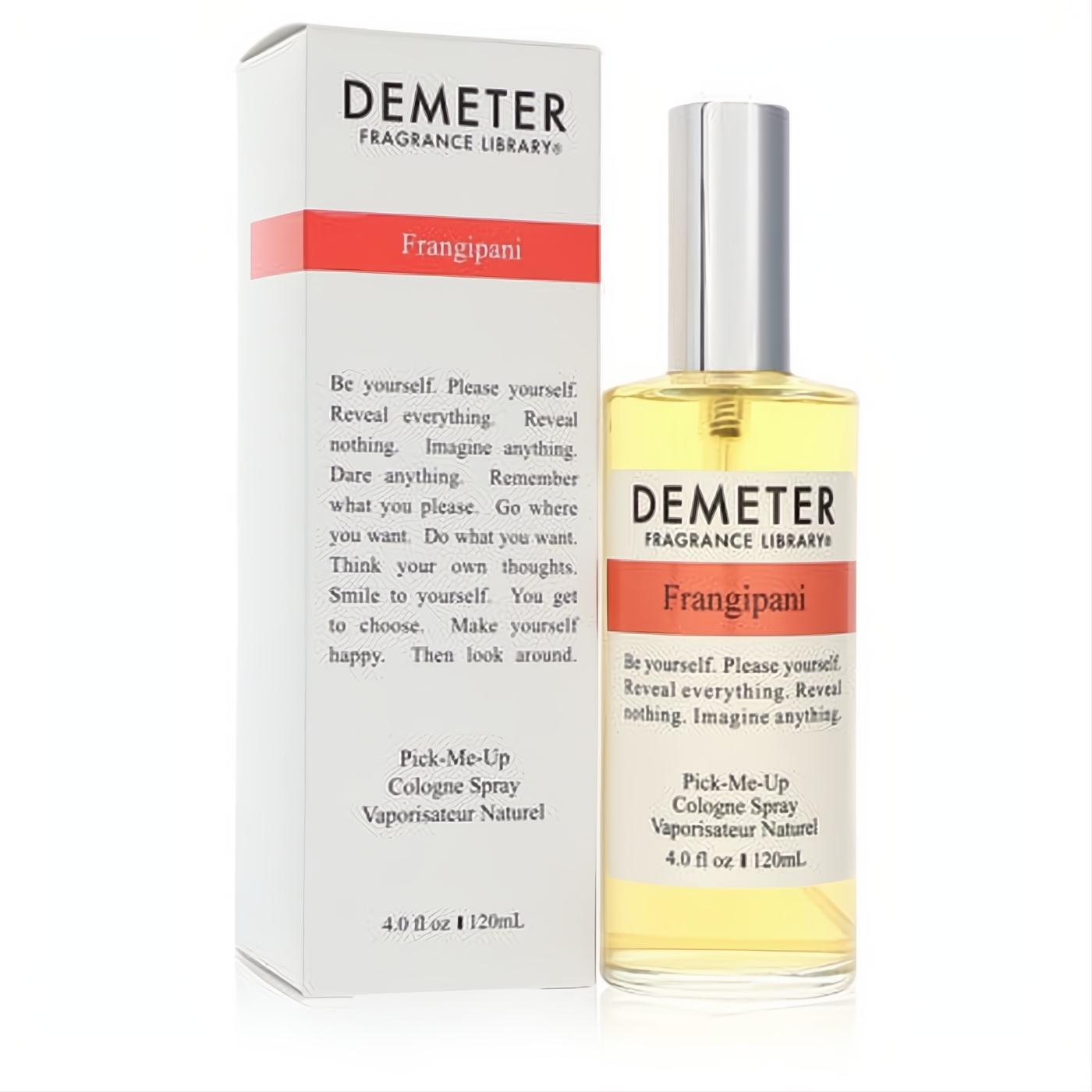 Captivating Demeter Frangipani 4 oz cologne spray: clear glass bottle with golden liquid, silver cap, and elegant white box.