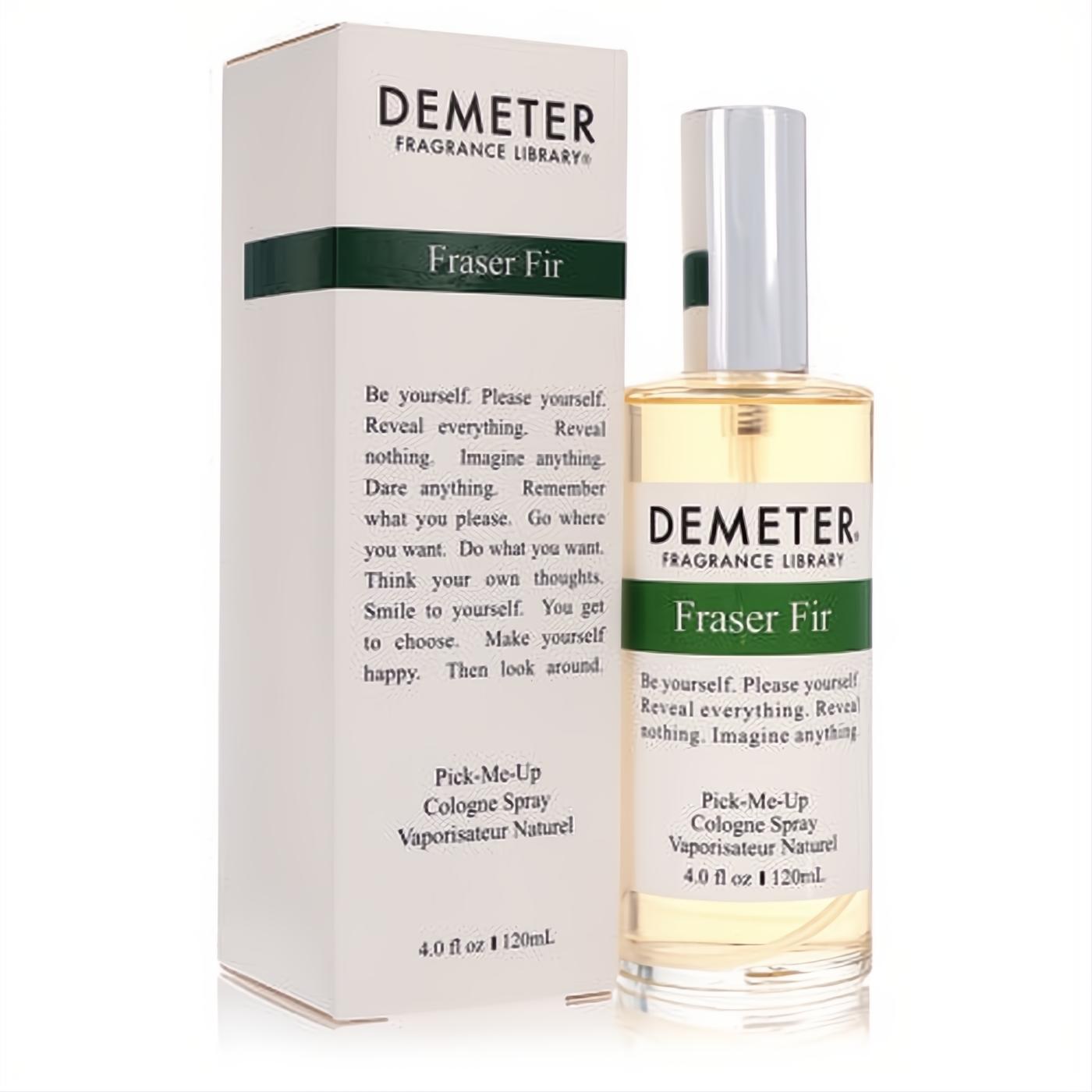 Demeter Fraser Fir 4 oz cologne spray in a sleek glass bottle with silver cap, presented with its crisp white and green branded box.
