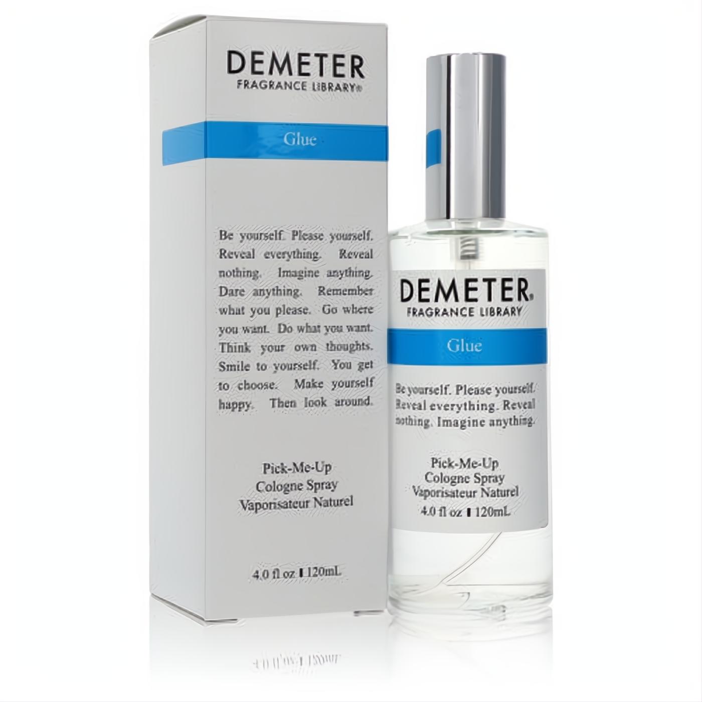 Demeter Glue 4 oz unisex cologne spray. Clear glass bottle, sleek silver cap, and signature white & blue label, with matching box.