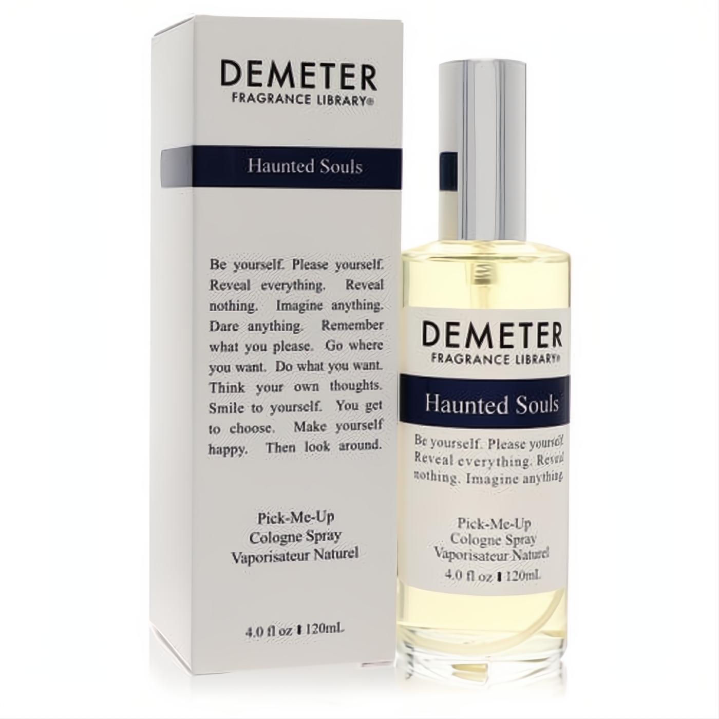 Elegant Demeter Haunted Souls 4 oz cologne spray. Clear glass bottle with a silver cap and sleek white box packaging.